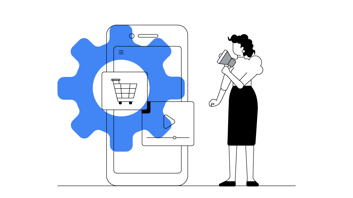 A woman holding a loudhailer standing beside a mobile phone with a shopping cart, video, and cog, representing how marketing automation can improve omnichannel customer experience and help brands connect with customers and increase revenue.