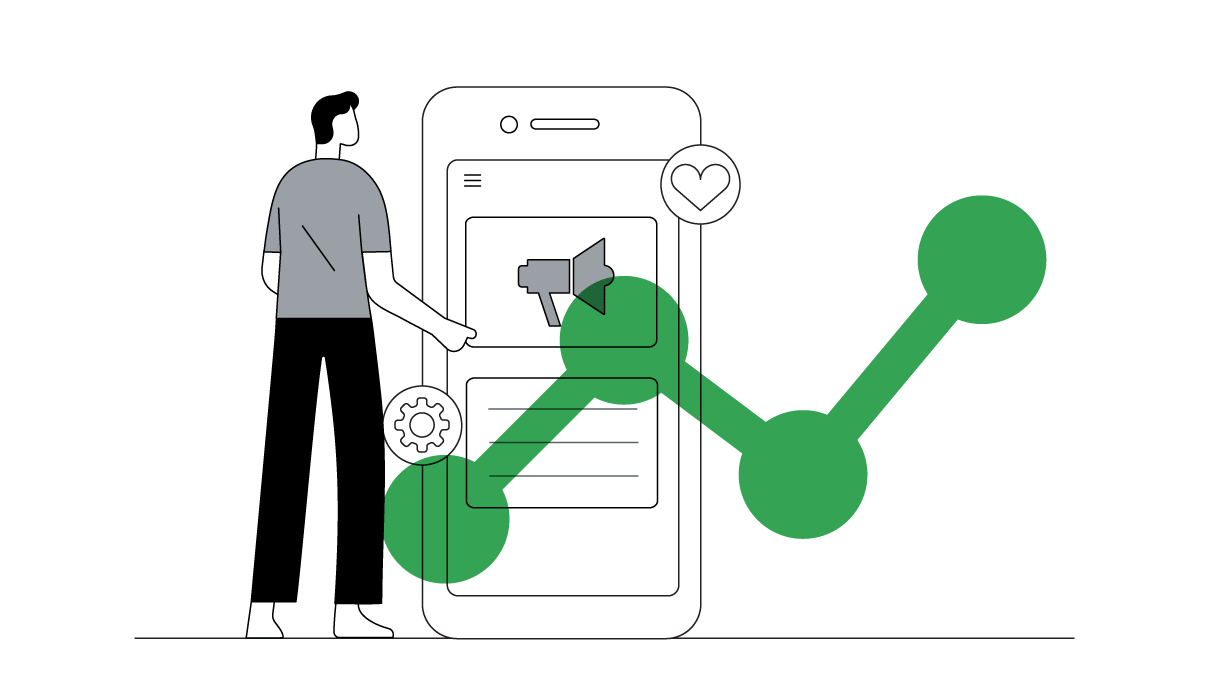 A man pointing at a mobile phone screen with a loudhailer, gear, and heart icon, and an upward trendline, representing how brands can maximize profits by acquiring customers with high customer lifetime value using marketing automation.