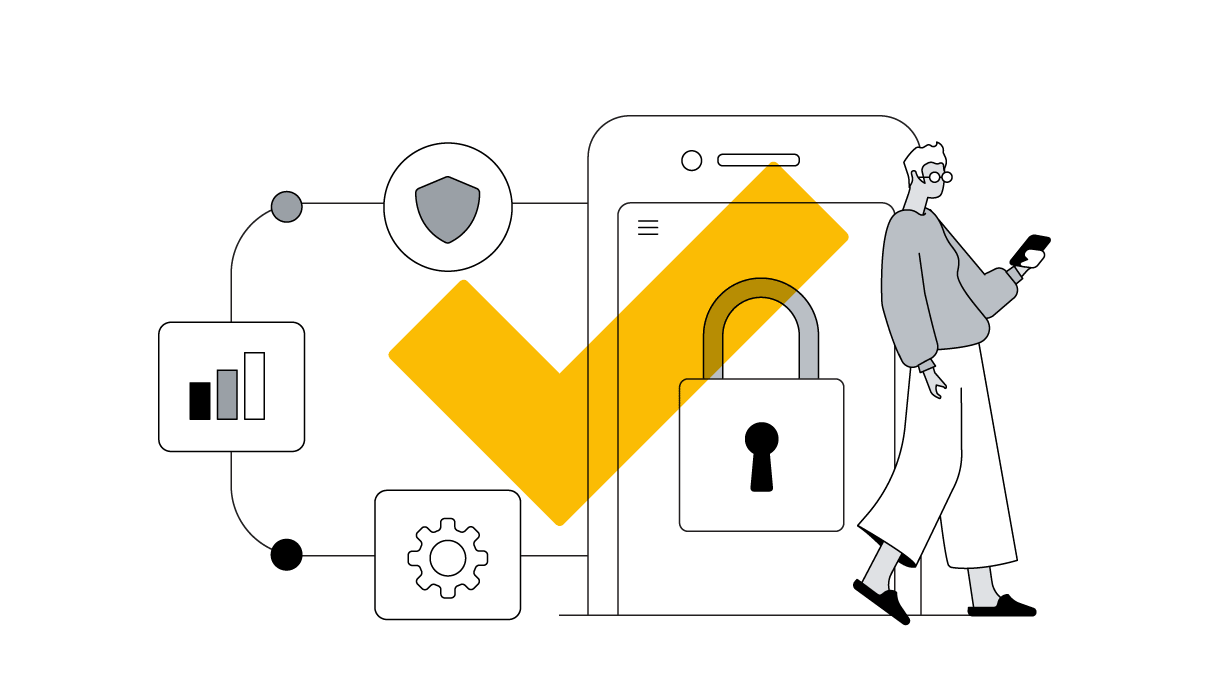 A man using his phone, with a lock on the mobile screen behind him linked to a bar chart, cog, and security shield, representing future-proofing businesses using marketing automation and first-party data, while respecting customer data privacy.