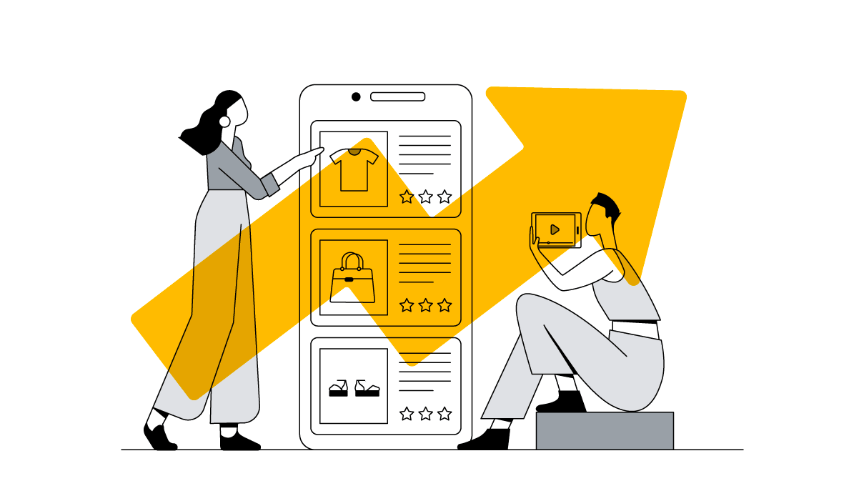 An upward trending arrow overlaying a woman shopping online on mobile and a man watching video content on a tablet, representing the potential to grow your customer base with consumer behavior insights on video content and online shopping behavior.