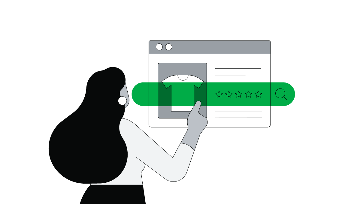 A person with long, dark hair searches on a web browser for a white T-shirt.