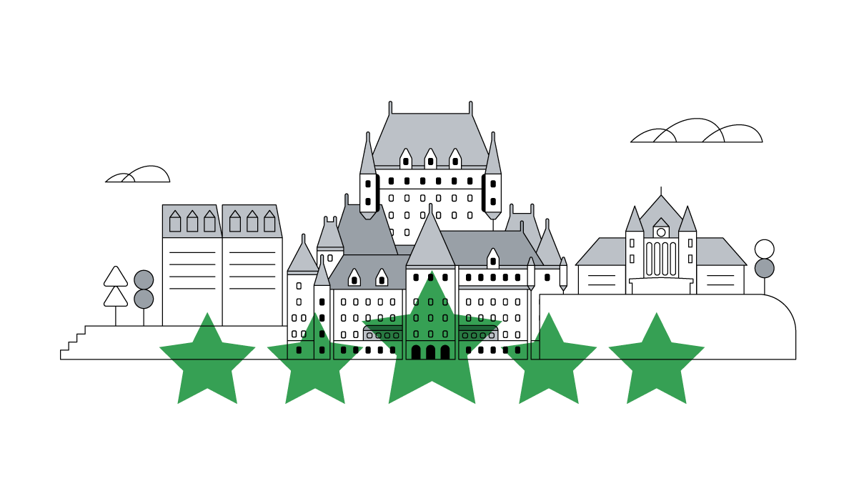 A black and white illustration of a Quebec skyline with 3 buildings. From left to right: a typical Place Royale building, hotel Château Frontenac, and the City Hall. Centred in front of them, 5 green stars overlay; the middle star is bigger than the rest.