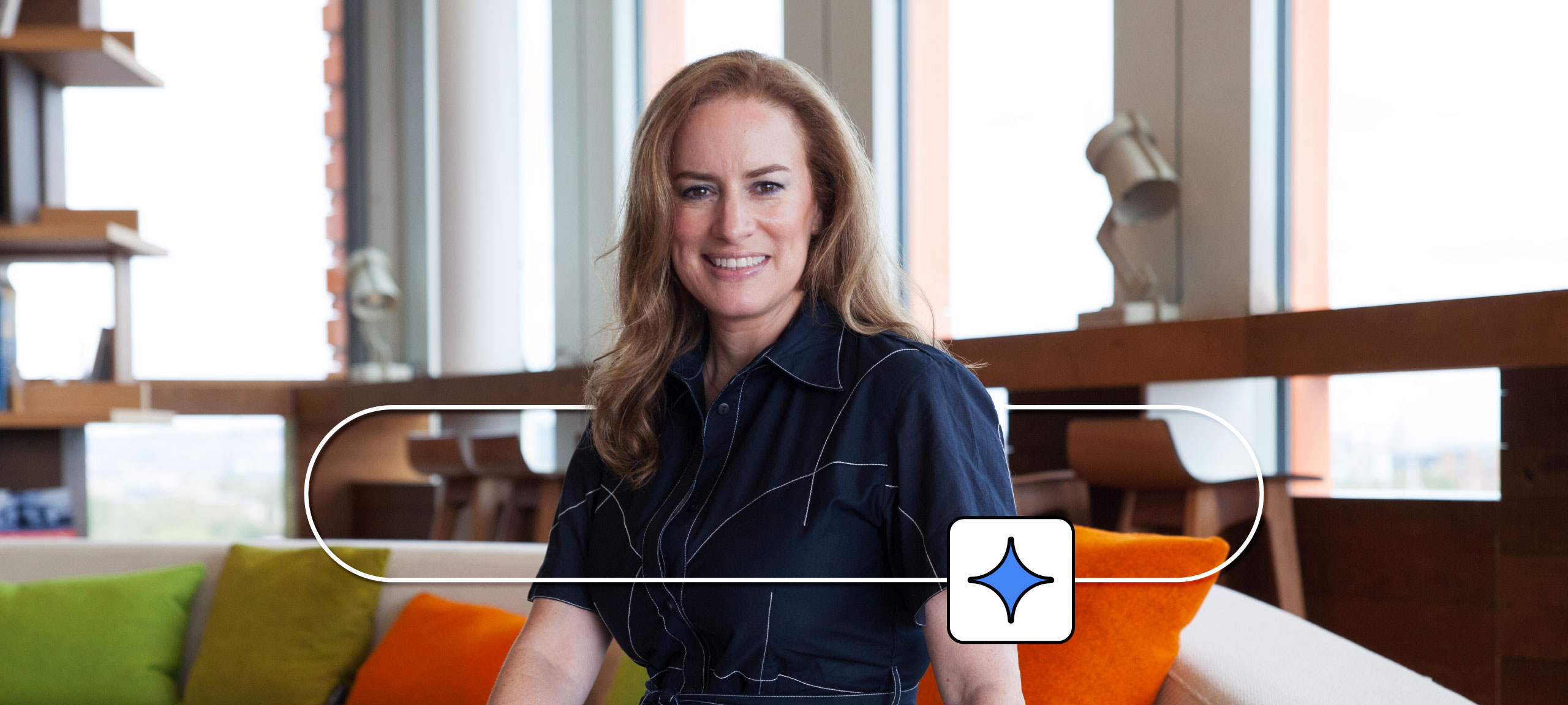 A photo of Debbie Weinstein, president of Google for Europe, the Middle East, and Africa. The photo has an illustrative overlay of the Google Search bar and the Gemini icon.
