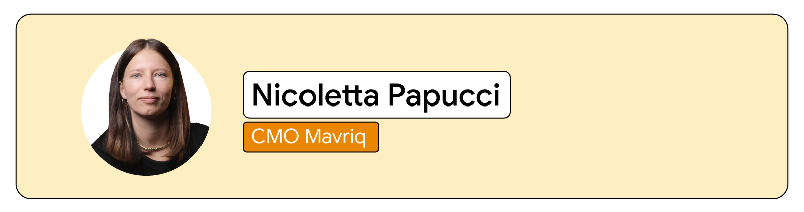 Against a pale yellow background, a headshot of Nicoletta Papucci, CMO at Mavriq.