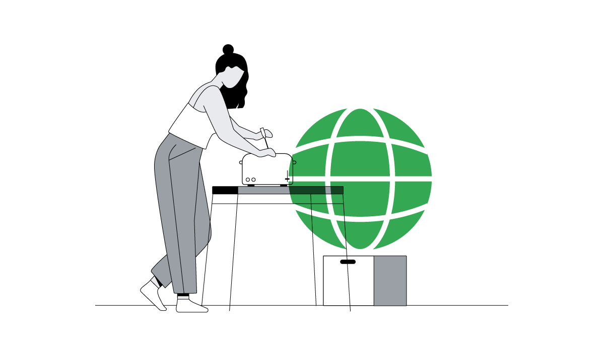 A woman stands over a table fixing a toaster with a screwdriver. Behind the table, a green life-sized internet overlay is on top of a file box.