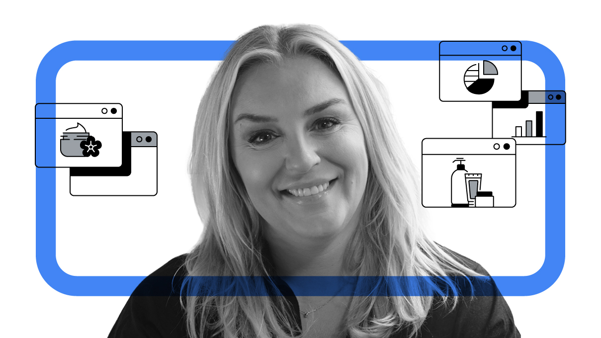 Black and white headshot of Christina Ericsson, CEO of Youty Group, with a blue rectangular frame overlay. Surrounding her are five internet browsers with beauty and graph icons.