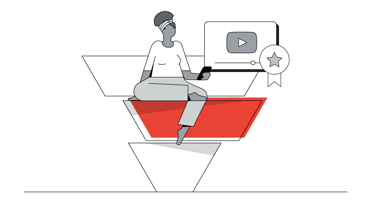 A life-size upside down triangle divided into three horizontal pieces, the middle piece is red. A dark-skinned woman sits on the middle piece, using her mobile phone. To the right, a YouTube video and medal icon.