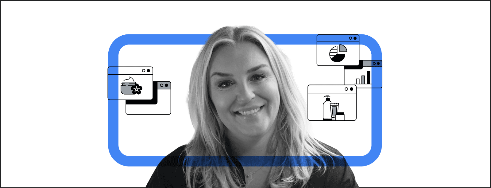 Black and white headshot of Christina Ericsson, CEO of Youty Group, with a blue rectangular frame overlay. Surrounding her are five internet browsers with beauty and graph icons.
