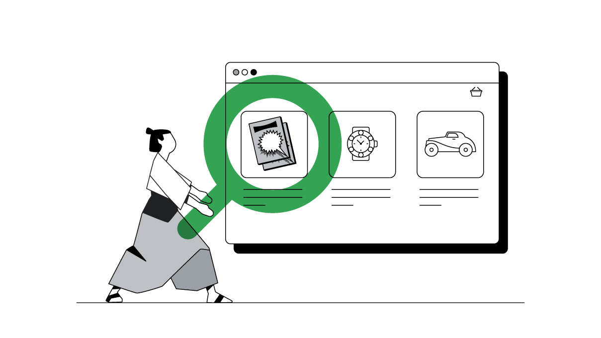 A samurai is holding a life-size, green magnifying glass with both hands. To the right, a large internet browser with three products: a comic book, a watch and a car. The magnifying glass is over the comic book icon.