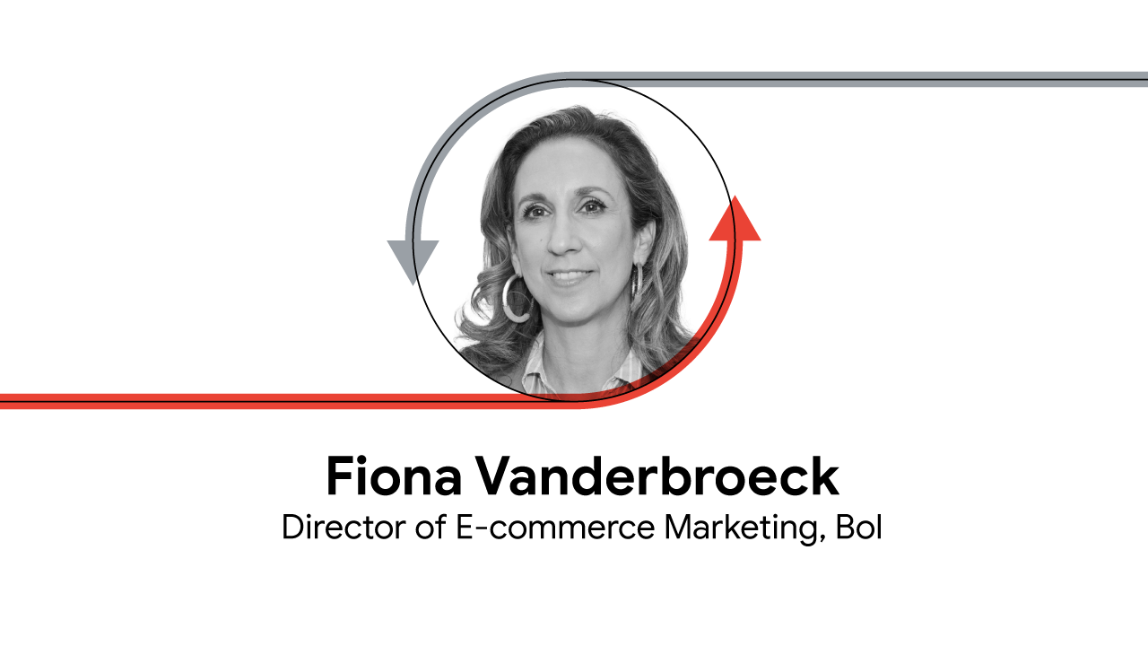 A circular black and white headshot of Fiona Vanderbroeck, Director of E-commerce Marketing at Bol. A grey and a red arrow circle around the photo.