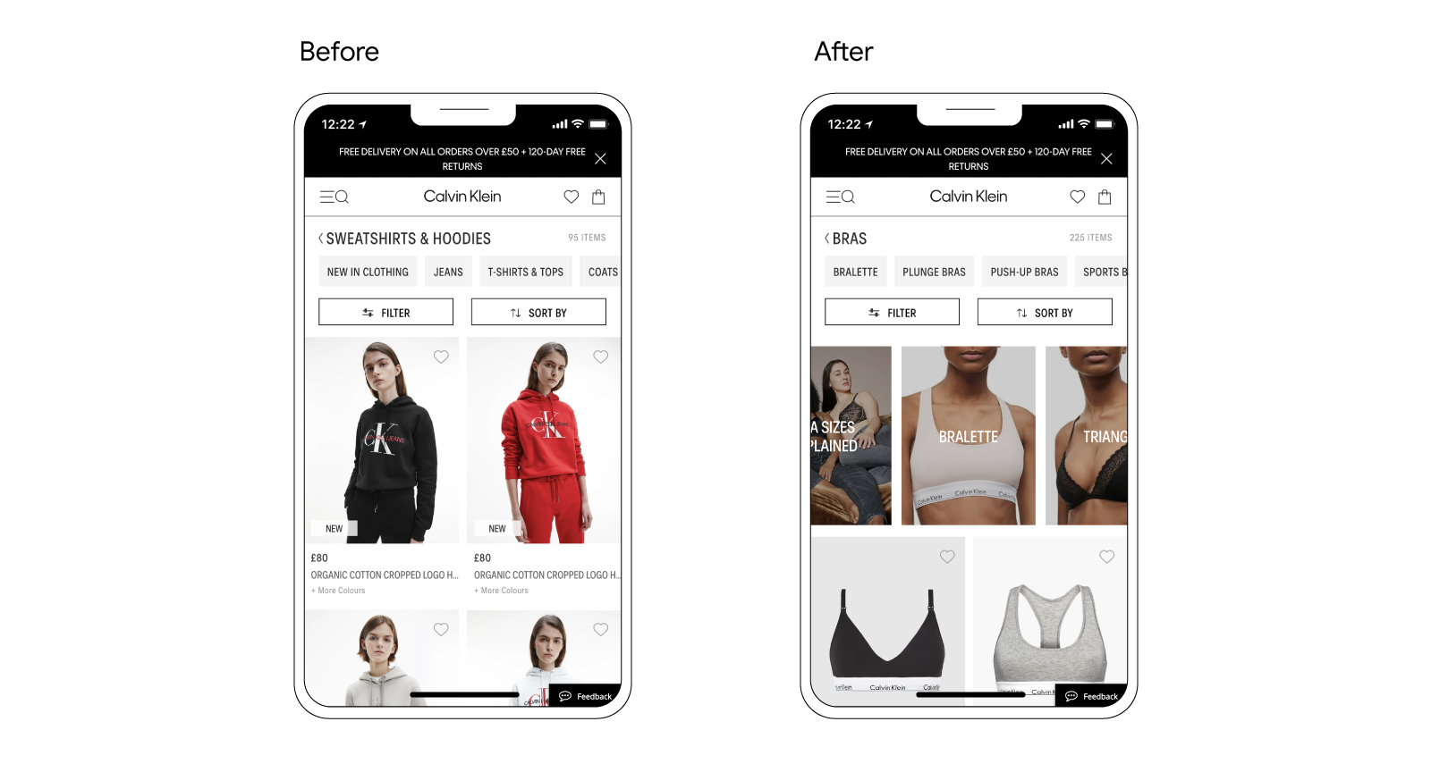 Two mobile phones mockups show the before and after of Calvin Klein's mobile website