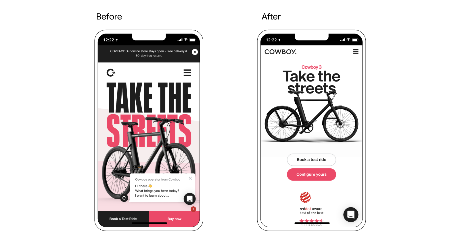 Two mobile phones mockups show the before and after of Cowboy's mobile website