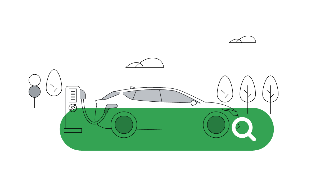 In black and white, an electric car plugged in at a charging station. Trees are in the background. A life-size green search bar overlays.