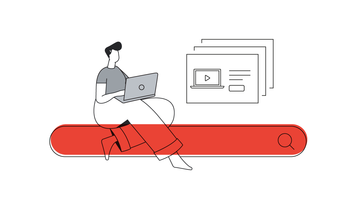 A person with short black hair, typing on a laptop, sits on a lifesize search bar with a red overlay. To the right, three aligned internet browser icons. On the one at the front, an ad shows a laptop with a YouTube icon, text, and a CTA button.