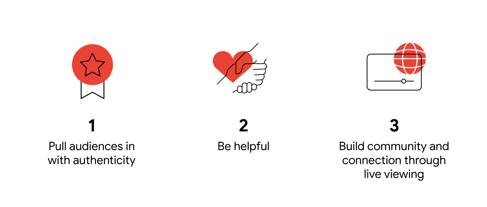 Award ribbon: 1. Pull audiences in with authenticity. Shaking hands: 2. Be helpful. Global video: 3. Build community and connection through live viewing.