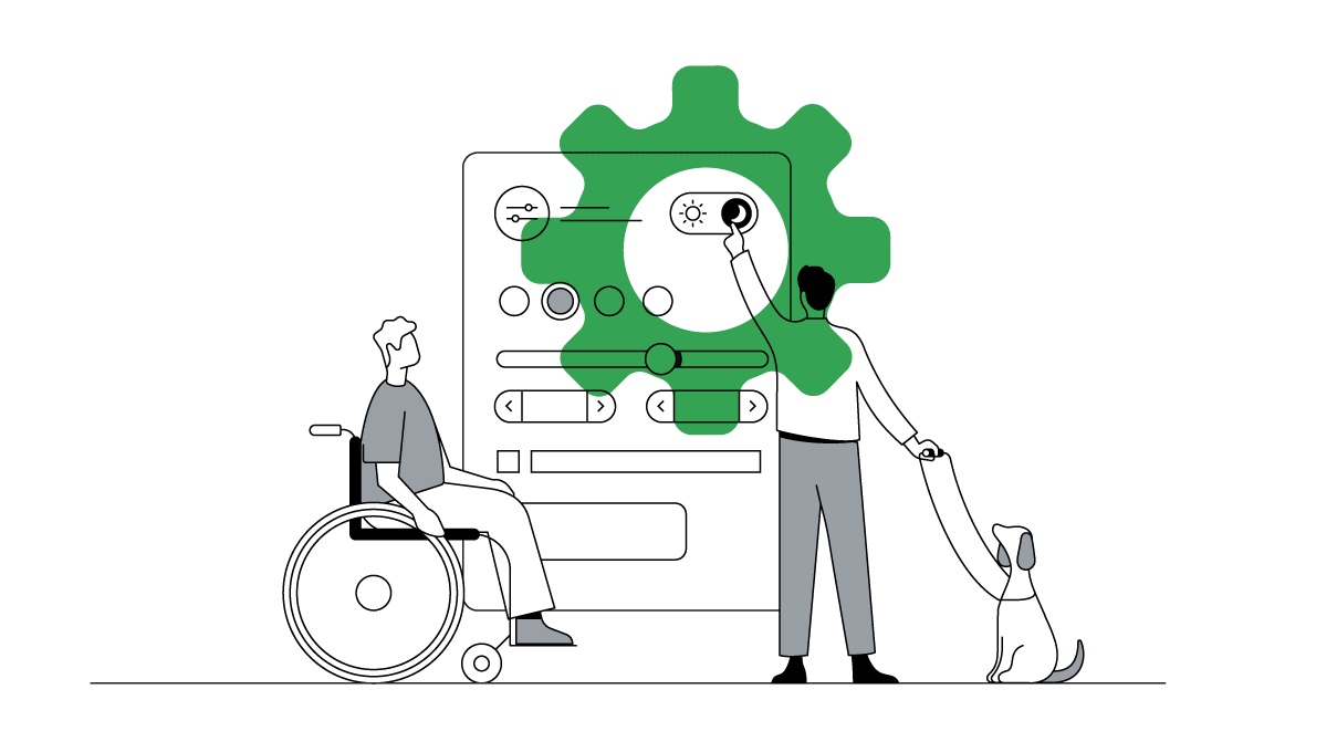 A wheelchair user looks on as a blind person with a guide dog interacts with a life-size mobile phone by adjusting accessibility settings to accommodate their needs.