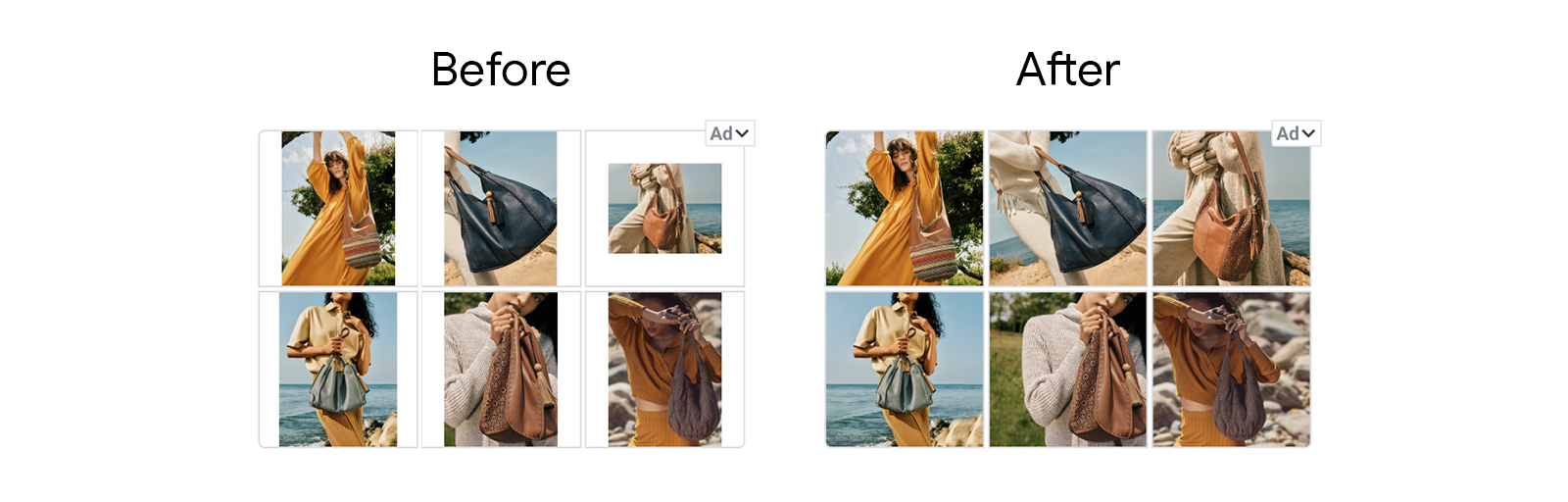 Two 6-image galleries show how Google Ads’ machine learning tools can optimize your product photos to fit the available space. Before: Photos are inconsistently sized and formatted. After: Photos have been recropped to fit the gallery.