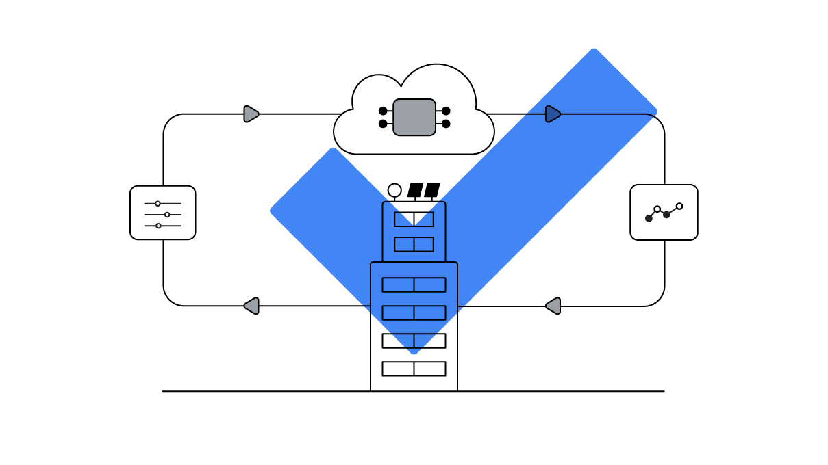 A skyscraper is connected by a thin line to computer chips, marketing analytics graphs, and user preference sliders as the company inside goes through a digital transformation.