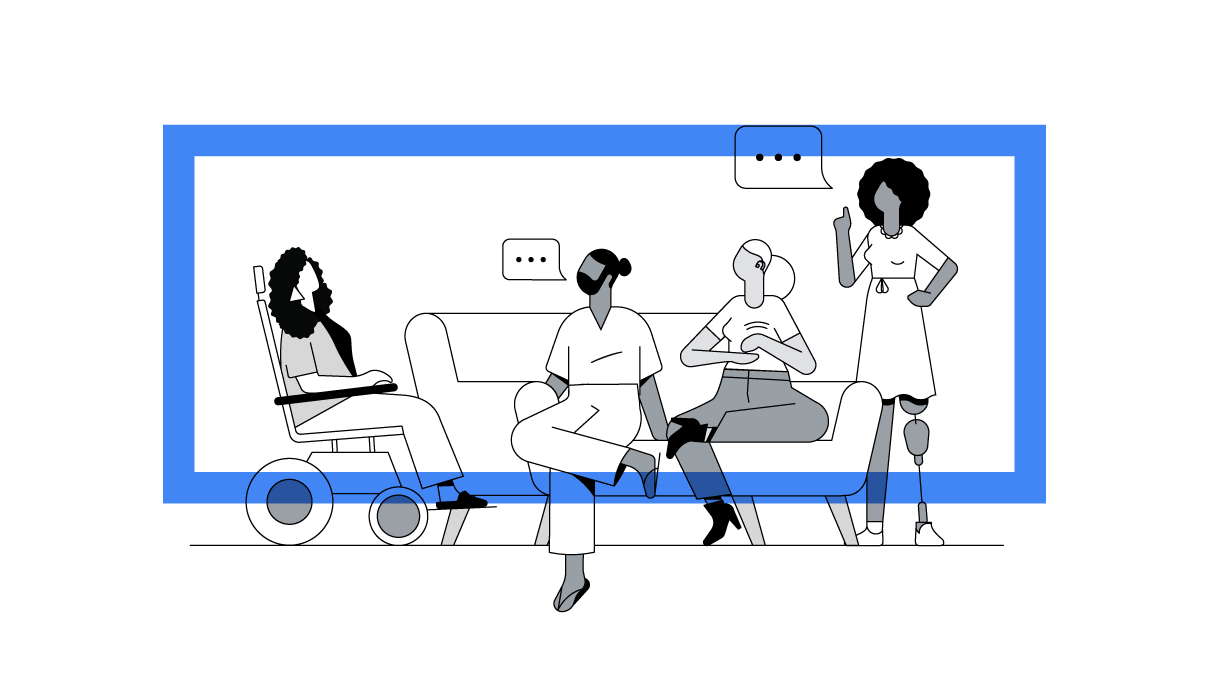 A group of disabled friends sign and talk in a living room. Two sit on a couch, while one sits in her wheelchair. The fourth, who has an above-the-knee prosthesis, stands next to the couch, making her point.