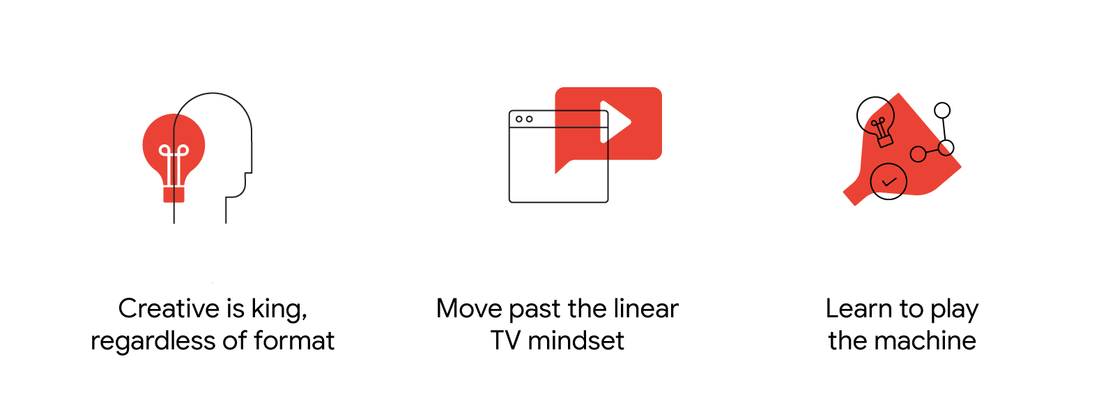 Three things for brands to keep in mind in viewer-focused landscape: Creative is king, regardless of format. Move past the linear TV mindset. Learn to play the machine.