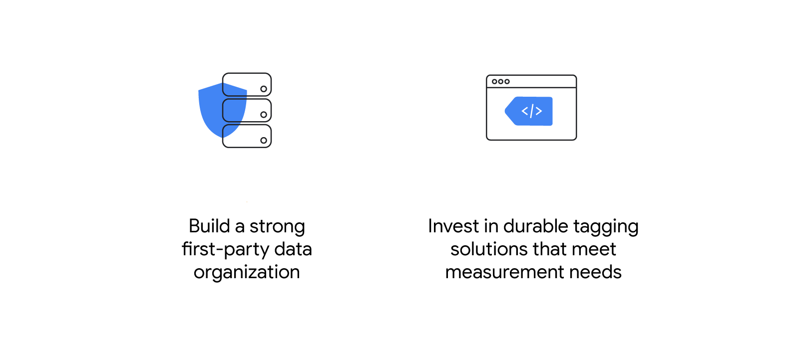 Key steps to building digital infrastructure: Build a strong first-party data organization. Invest in durable tagging solutions that meet measurement needs.