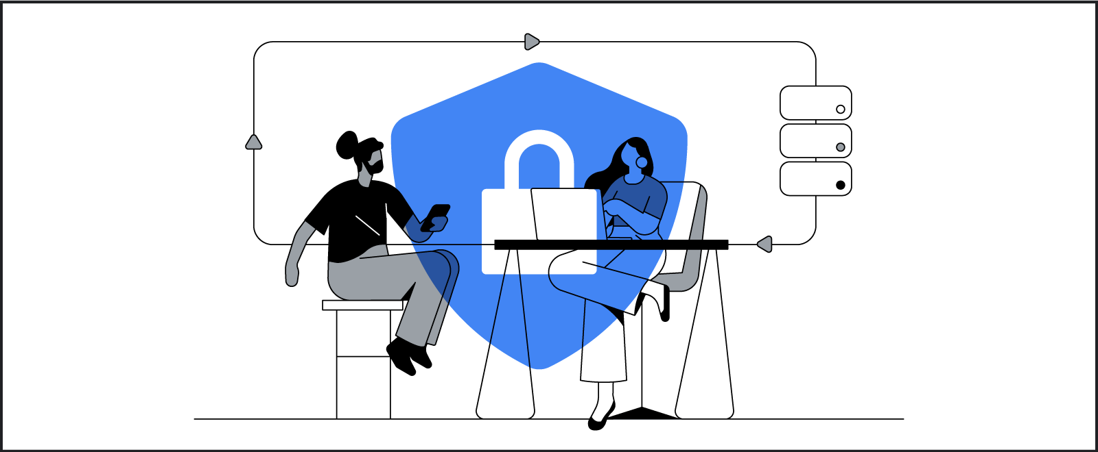 A man with a dark beard and his hair in a bun sits at a high-top cafe table across from a woman with long, flowing black hair. He safely uses his smartphone, as she browses the web from her laptop, knowing her data is protected.