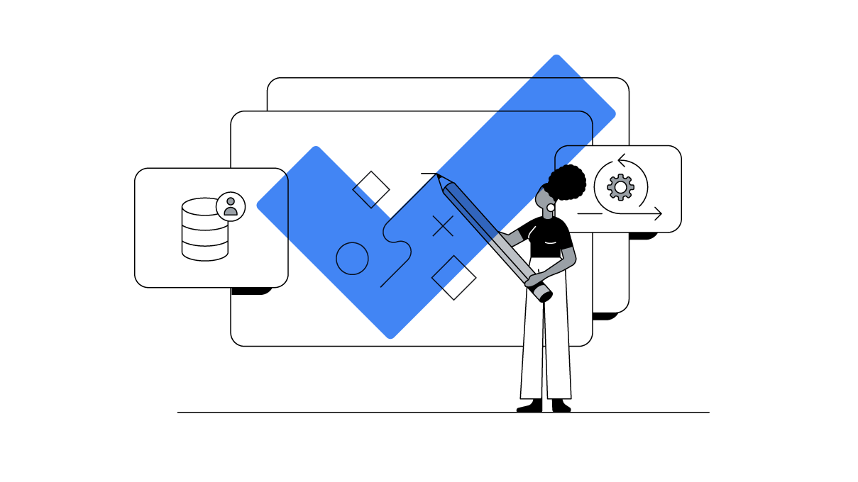 A femme-presenting person with dark skin and curly black hair creates a game plan for a brand using a comically large pencil, first-party data, and automation.