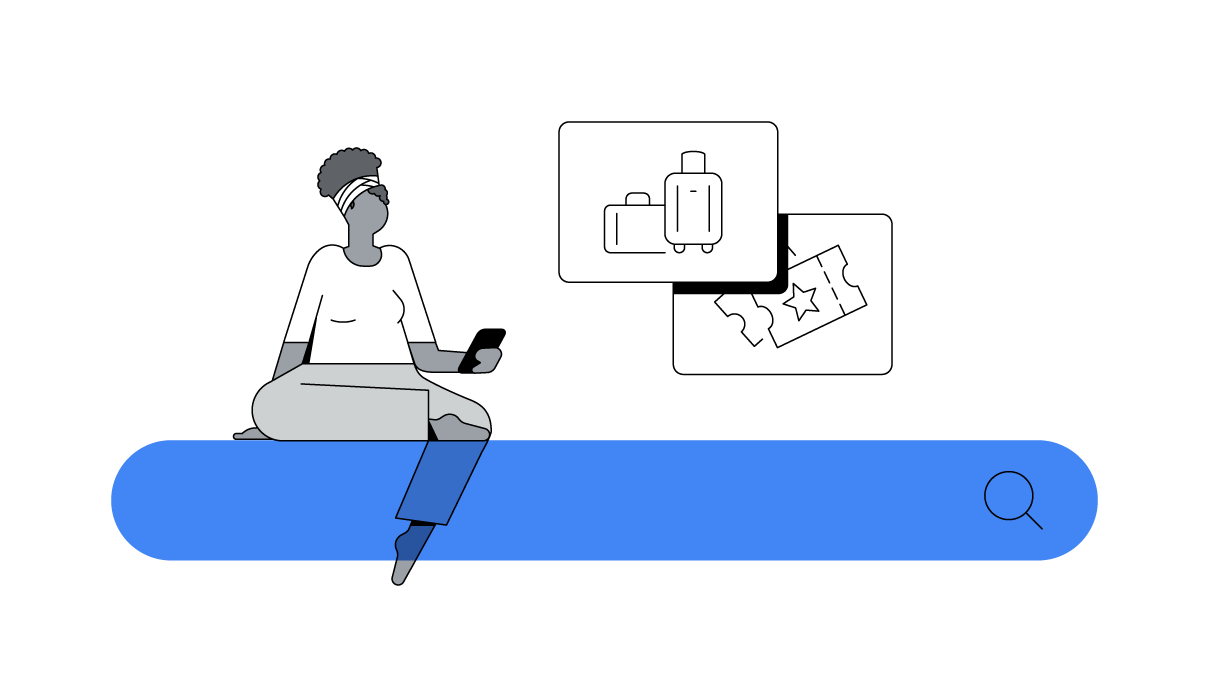A woman with dark skin and curly hair pulled up in scarf sits on an oversized search bar while looking for budget travel options and concert tickets on her mobile device.