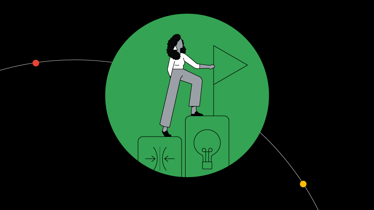 A woman with long, curly black hair climbs a mountain of mobile devices and plants her flag at the peak.