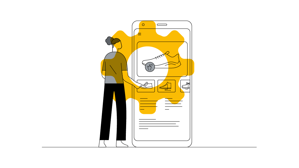 A person, with their curly hair pulled back in puff to reveal an undercut, shops for athletic shoes using multisearch on their mobile device.