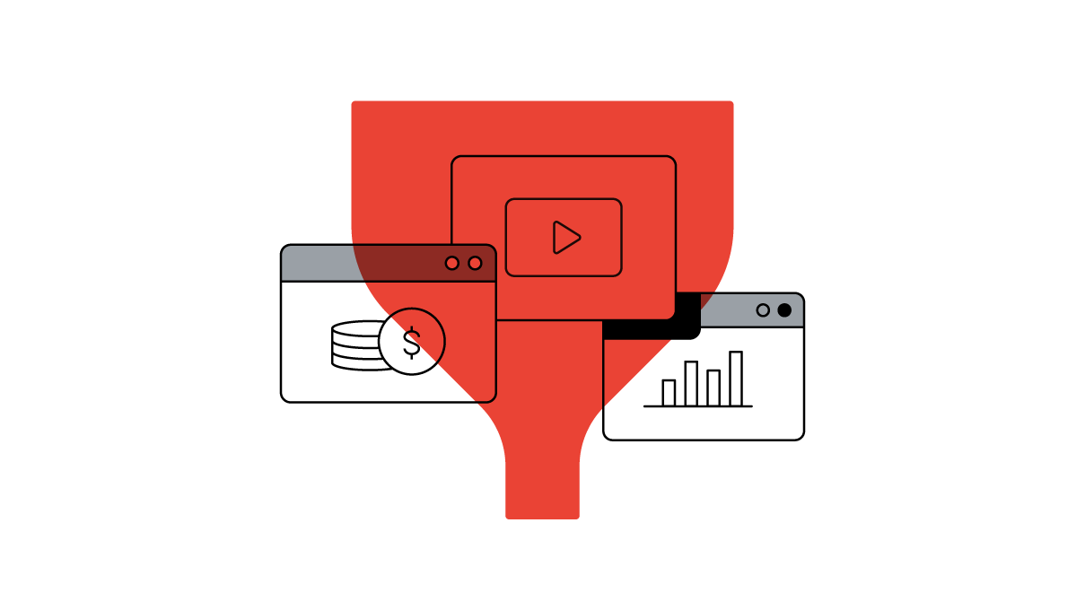 Um funil de estratégia de mídia aparece sobre uma pilha de moedas, um ícone do botão "Reproduzir" do YouTube e um gráfico de barras para medição.