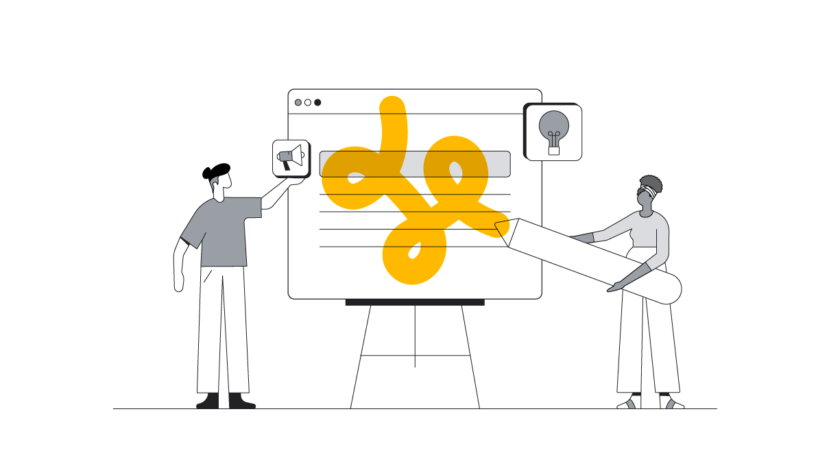 A marketer, with light skin and long dark hair in a top knot with an undercut, and a creative, with dark skin and dark curly hair wrapped up in a scarf, work together on an online campaign.