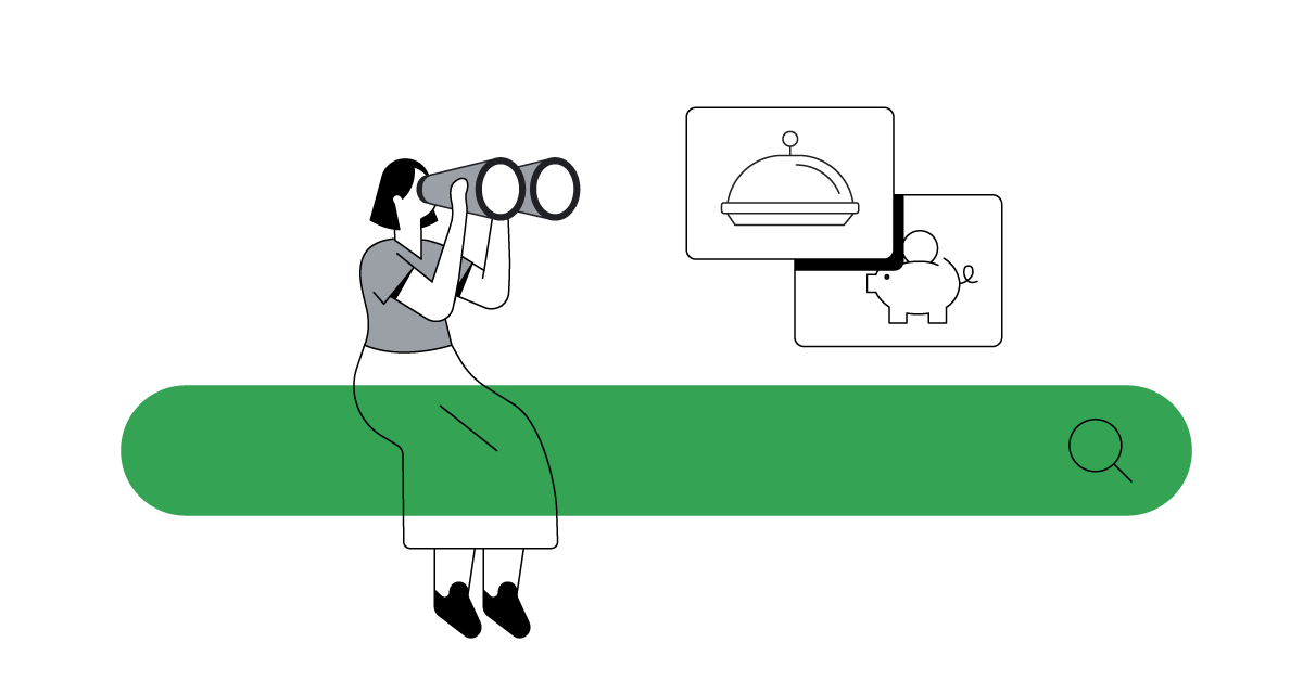 A femme-presenting person with light skin and a straight black bob with bangs sits on a larger-than-life search bar looking through comically large binoculars at a piggy bank and a festive meal on a platter under a cloche.