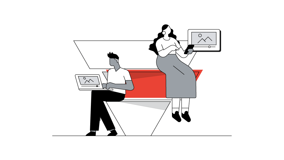 A man of color with a spiky undercut and a woman of color with long wavy hair sit on segments of an inverted triangle while watching YouTube videos on a laptop and a mobile device, respectively.