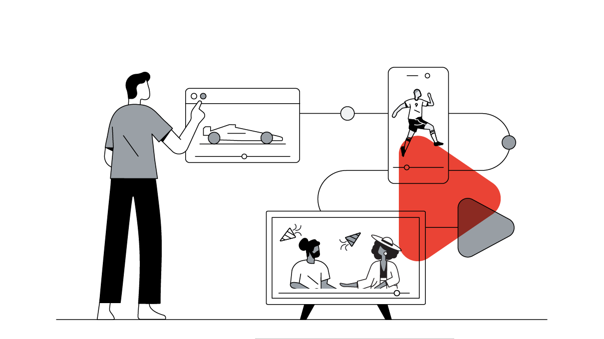 A YouTube viewer engages with video ad content on multiple platforms: a long-form auto ad on desktop, a Short featuring a football star on mobile, and a creator-led series on CTV.