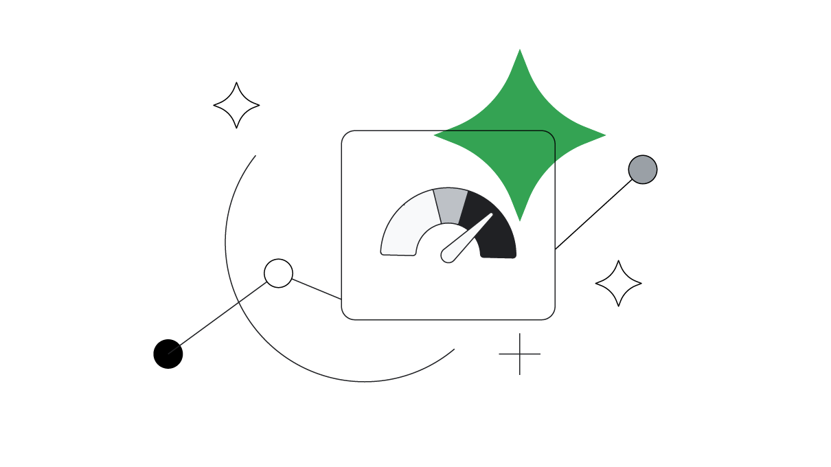 In black and white, a semicircle metre icon with the needle pointing towards the far right and a large green sparkle overlay. Behind it, a line graph connects data points. Smaller sparkle icons are scattered around.