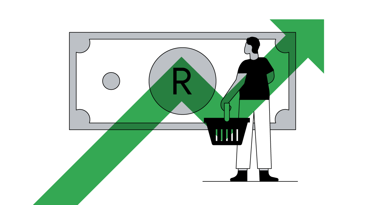An illustration showing an individual holding a shopping basket and looking at a large banknote. A green arrow is superimposed over the illustration, indicating the person is thinking about rising prices