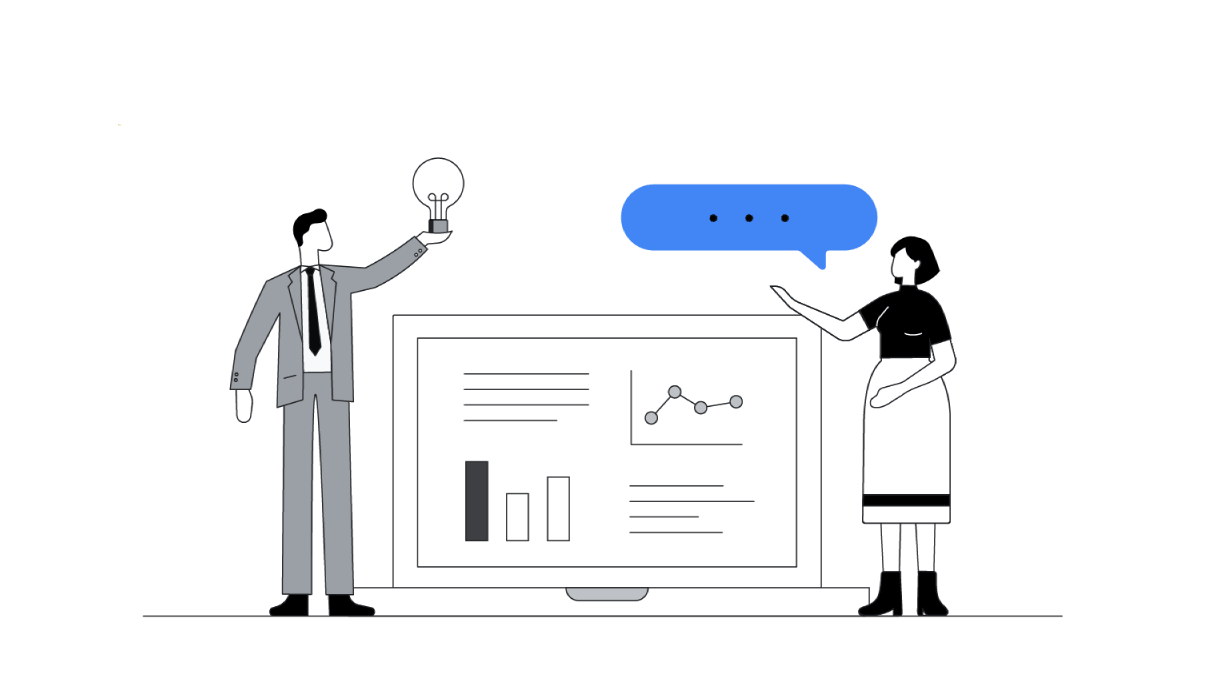 A man holding a lightbulb sharing pitch presentation tips for agencies, as a woman gestures to a screen with charts and lines, presenting a business pitch and marketing plan to acquire new customers and clients for the agency.