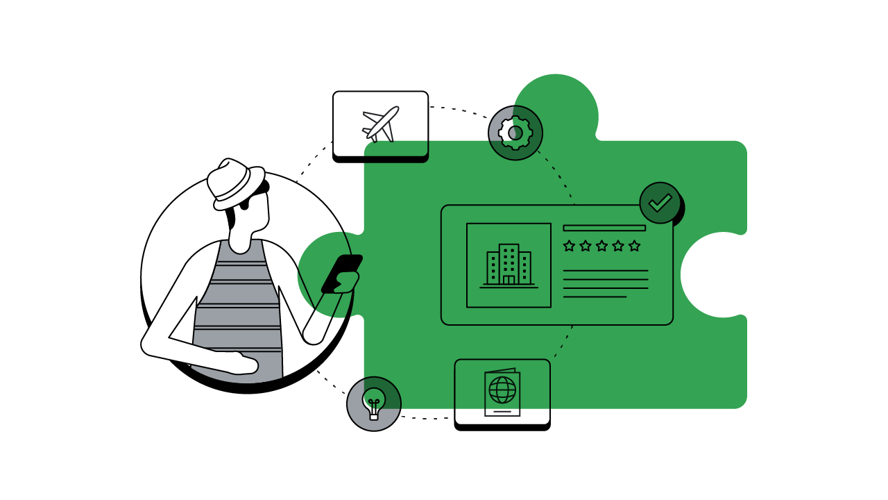 A traveller using his phone that is linked to icons of a plane, settings, hotel listing, passport and lightbulb, representing how AI-powered marketing solutions drives conversion, increases ad revenue, and improves travel advertising.