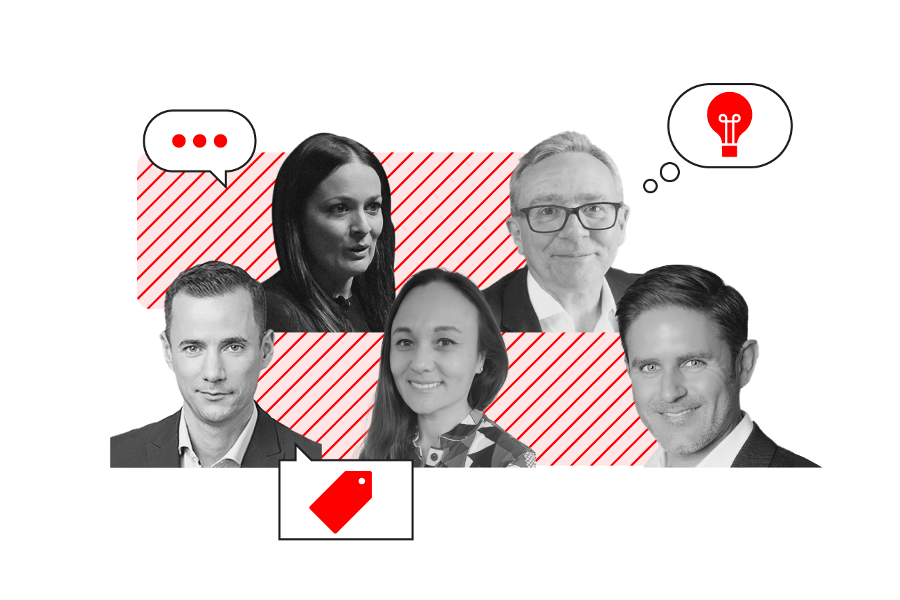 Five black and white headshots of brand experts Nathalie Nahai, Les Binet, Paul Sinkinson, Chrissie Hanson, and Hamish McPharlin against a red striped backdrop. A red ellipsis icon, a red shopping tag icon, and a red light bulb icon surround the headshots