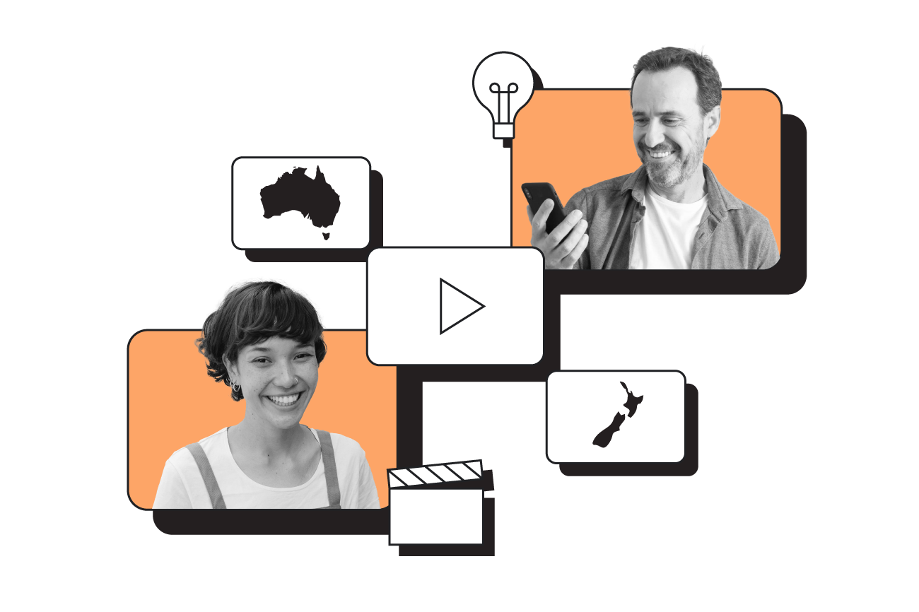 Two boxes featuring a woman and a man looking at a mobile phone. Icons of a light bulb, maps of Australia and New Zealand, the YouTube play button, and a director’s clapboard surround the boxes.