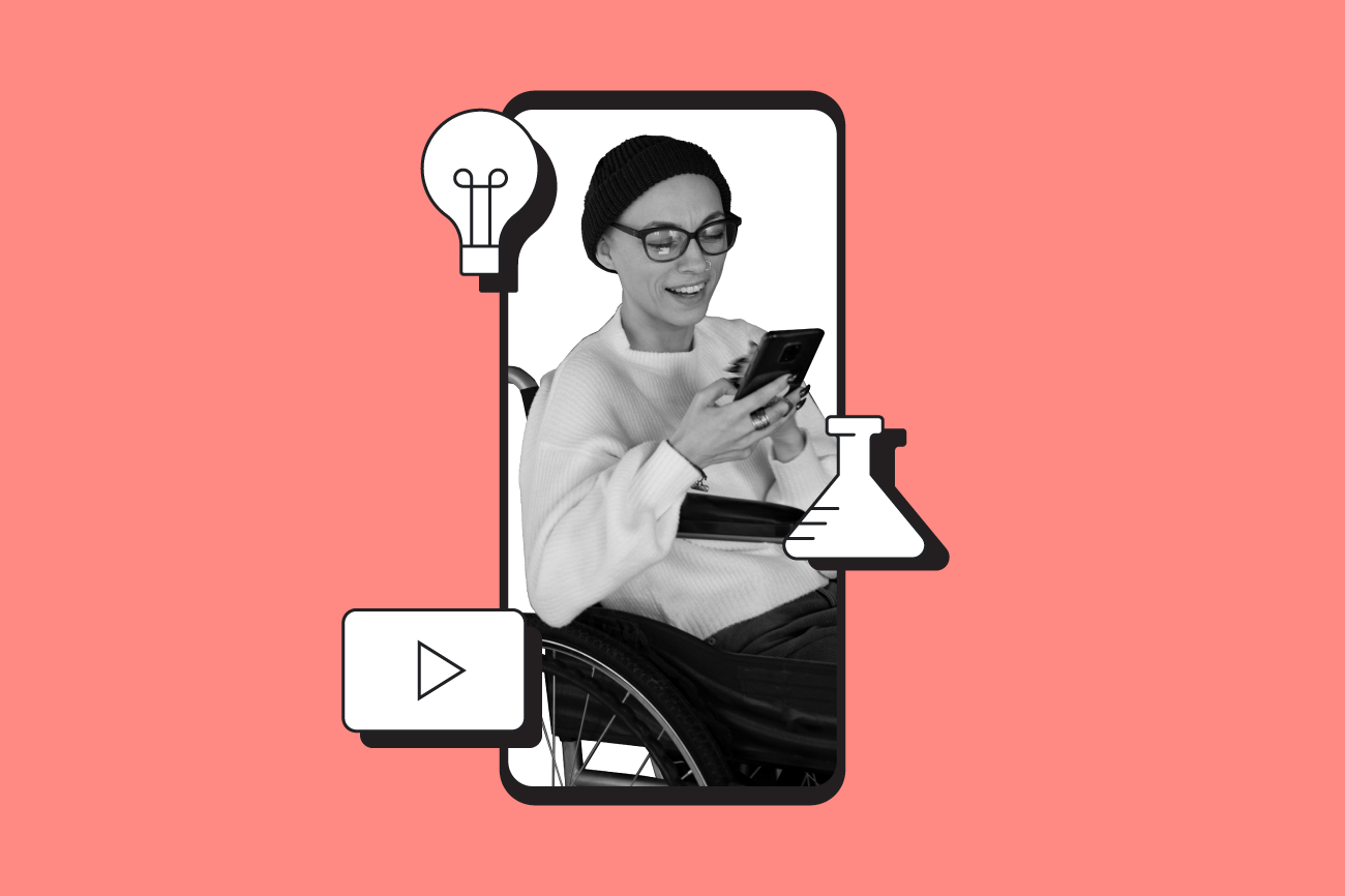 A mobile phone featuring a person sitting in a wheelchair watching content on a mobile phone. Small illustrations of a lightbulb, test tube, and the YouTube play button surround the phone.