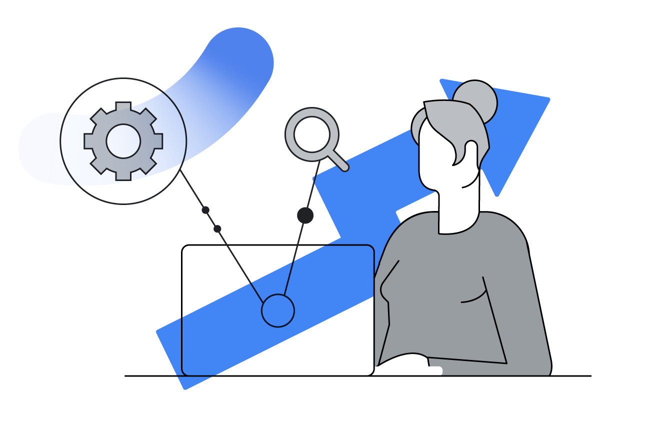 An illustration of a woman on a laptop. Illustrations of an upward arrow, a gear wheel, and a magnifying glass are layered on top.