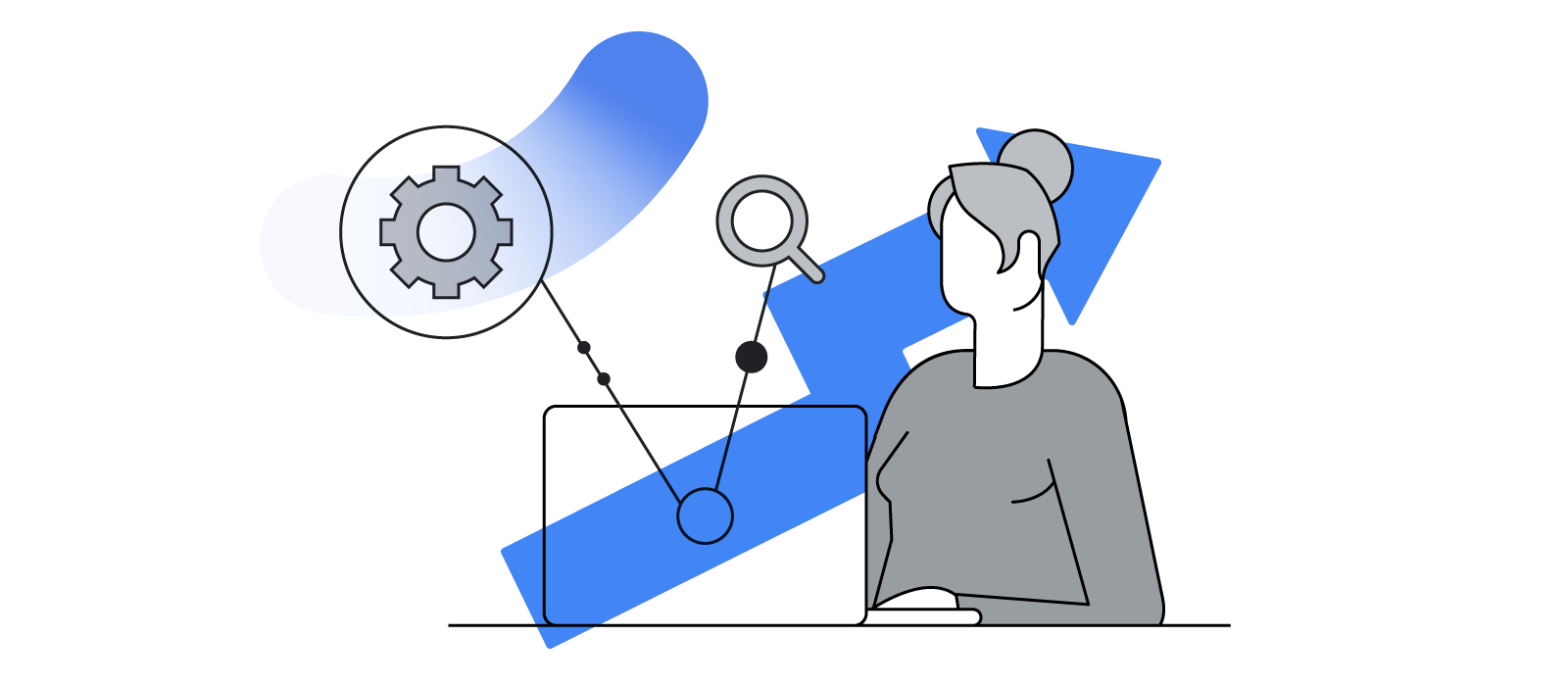 An illustration of a woman on a laptop. Illustrations of an upward arrow, a gear wheel, and a magnifying glass are layered on top.