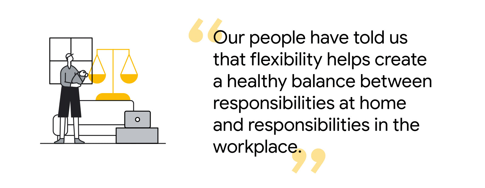 A person standing next to a weighing scale. Regarding hybrid workplace, REA Group says employees have told them that flexibility helps create a healthy balance between responsibilities at home and responsibilities in the workplace.