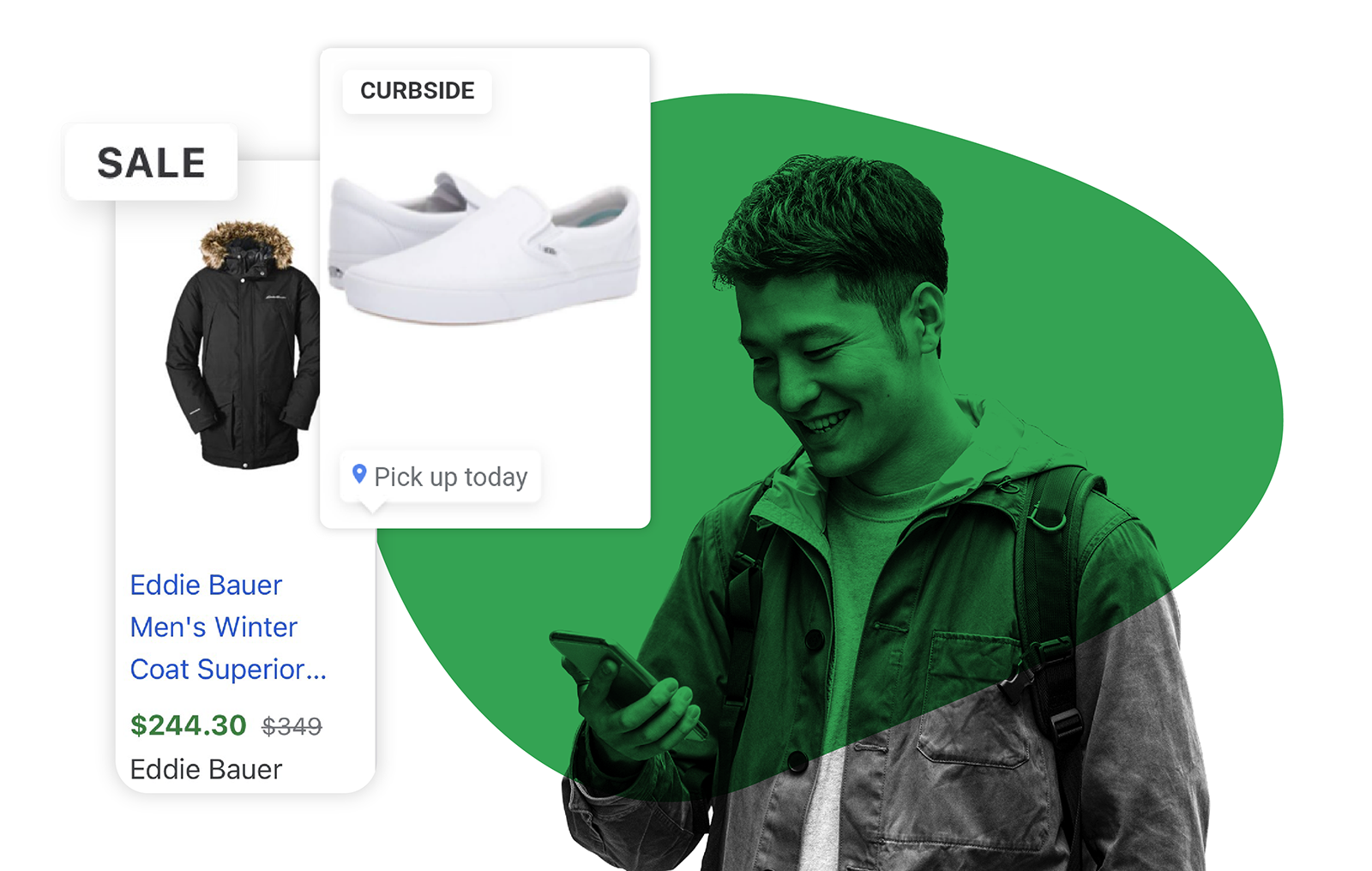 A person shopping for a jacket and a pair of shoes on their mobile phone.