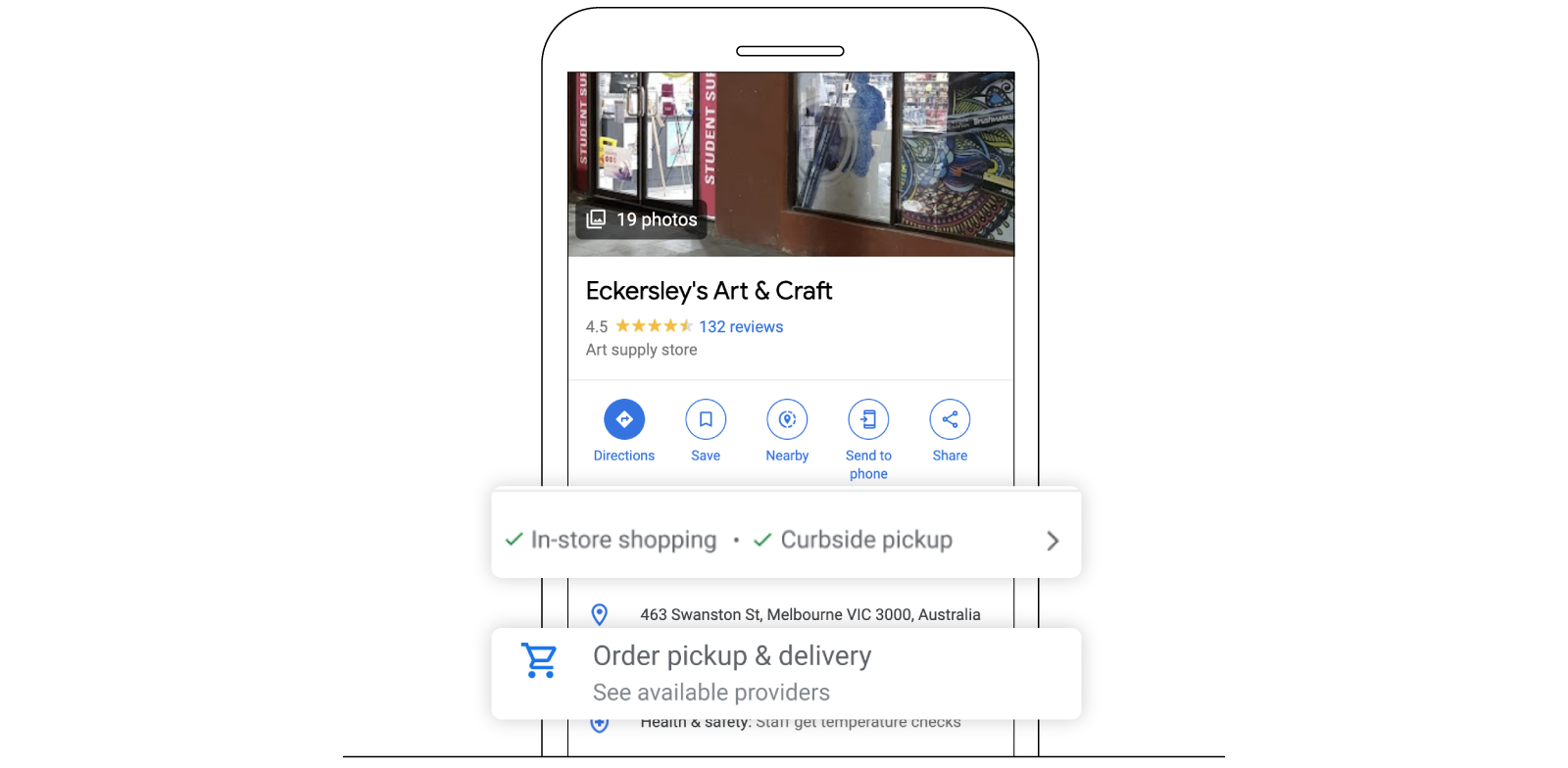 A mobile phone featuring the Google Business Profile of Eckersley's Art & Craft.