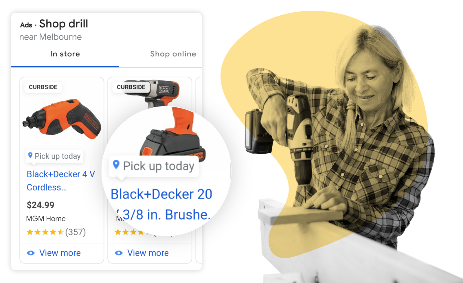 A person using a cordless power drill, next to ads featuring the product for curbside pickup.