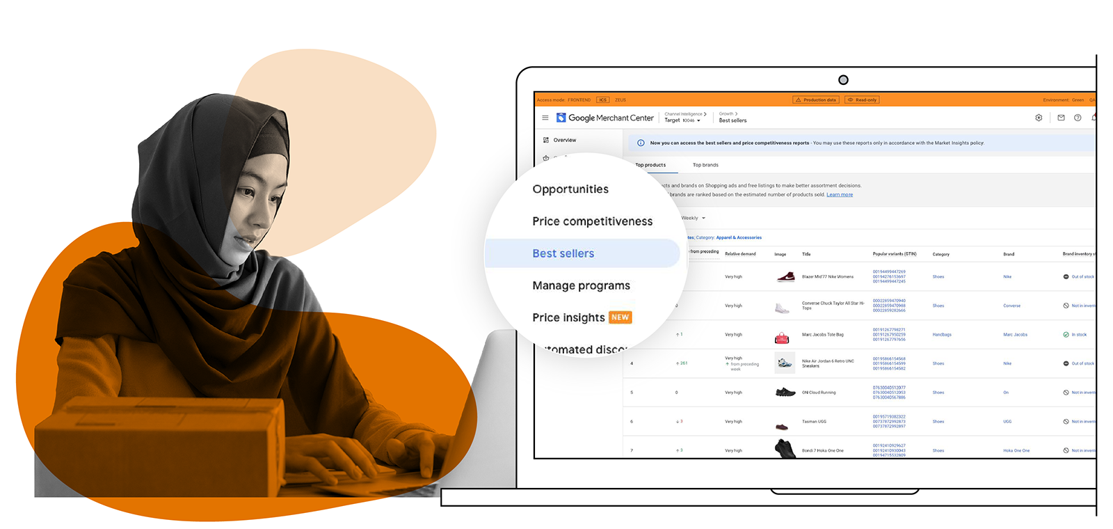 A person wearing a hijab examining the best sellers report on their Google Merchant Centre account.
