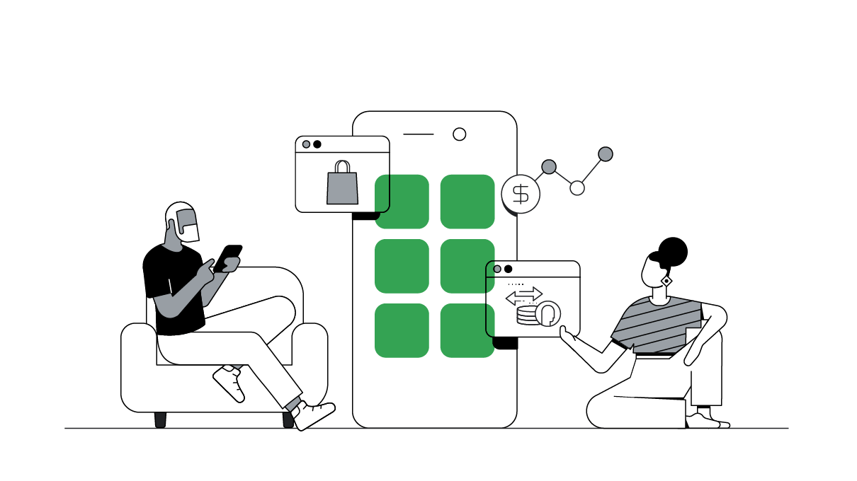 A man with a mobile phone sits on an armchair. To the right, a life-size mobile device with 3 icons popping out: 2 internet browsers with shopping-related icons and a line graph. A woman sits on the floor, interacting with one of the browsers.